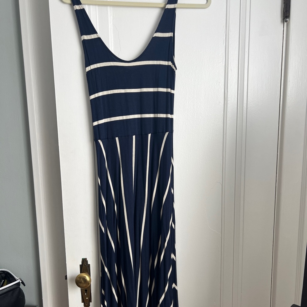 Three dot blue and white striped dress. Super flattering and comfortable
